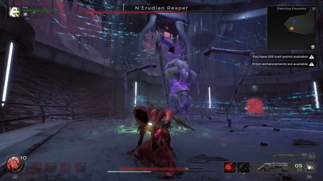 A player dodging N'Erudian Reaper Boss attack