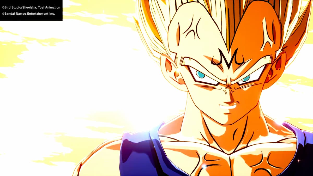 A close-up of Vegeta with the Majin symbol on his forehead, glowing eyes, and a determined expression. The background is bright and illuminated.