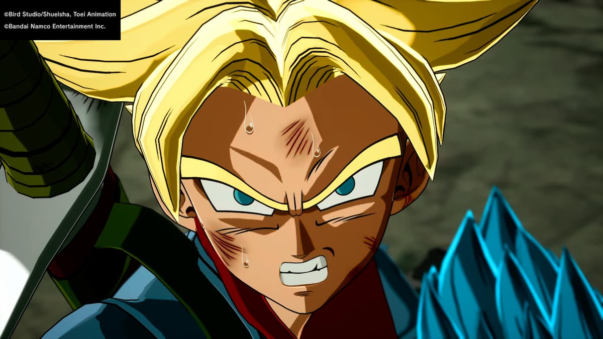 Close-up shot of Future Trunks in a determined expression, showing sweat and facial injuries, highlighting the intensity of the scene.