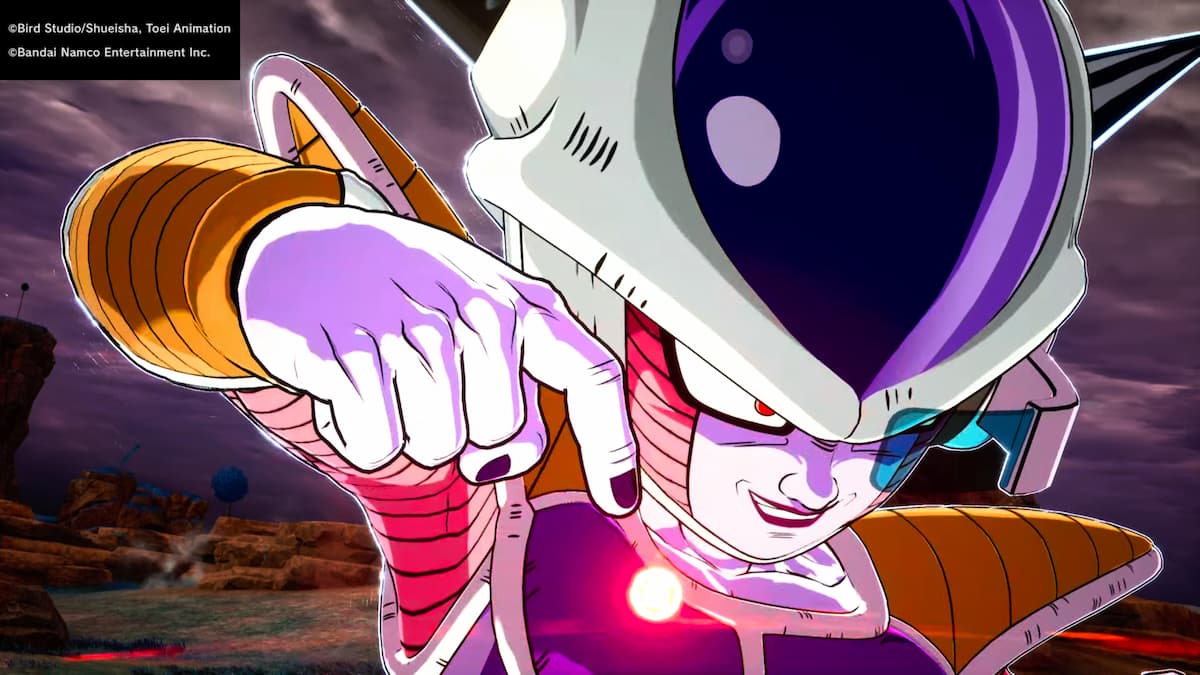 A close-up image of Frieza from Dragon Ball Sparking Zero, in his first form, using his infamous Death Beam attack. Frieza is depicted pointing forward, smirking, with a glowing energy beam ready to fire.