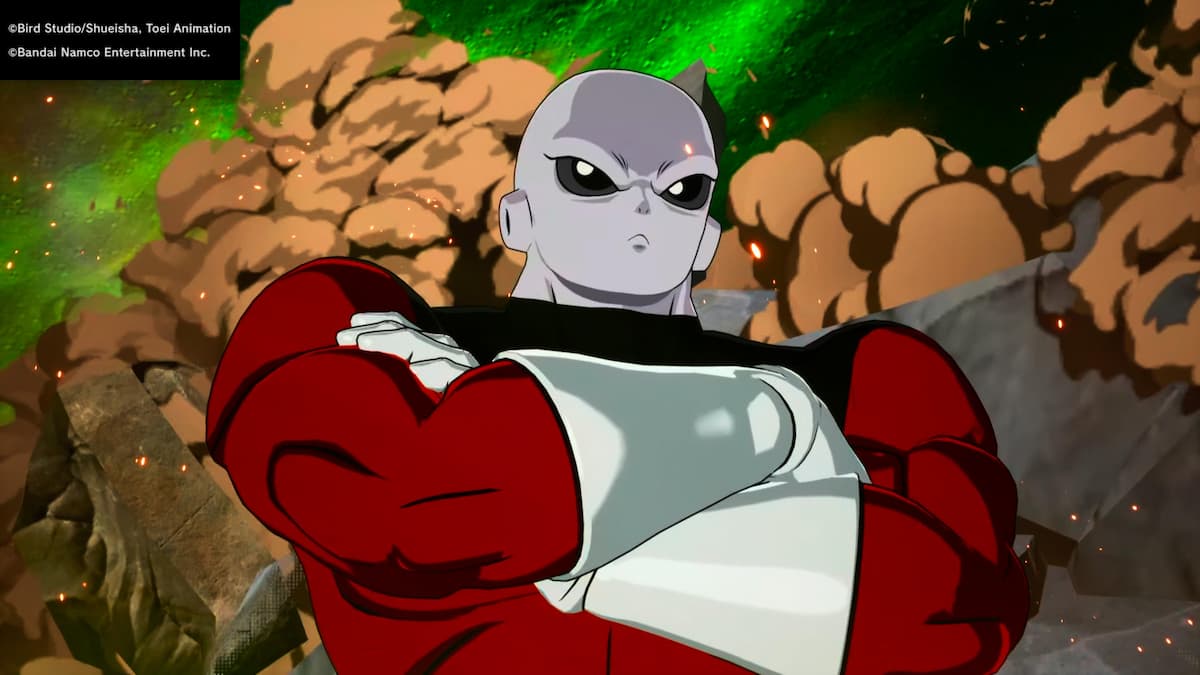 A close-up of Jiren from Dragon Ball Sparking Zero, standing confidently with his arms crossed against a background of smoke and debris.