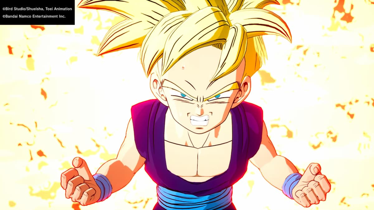 Gohan, in Super Saiyan form, appears to be powering up with a bright golden aura around him.