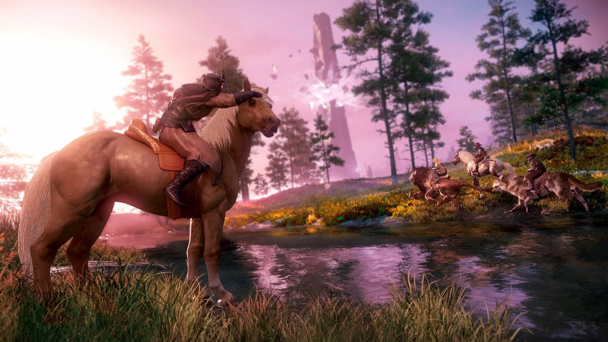 A player mounted on a horse near a serene lake in Everfall, an area in New World: Aeternum.