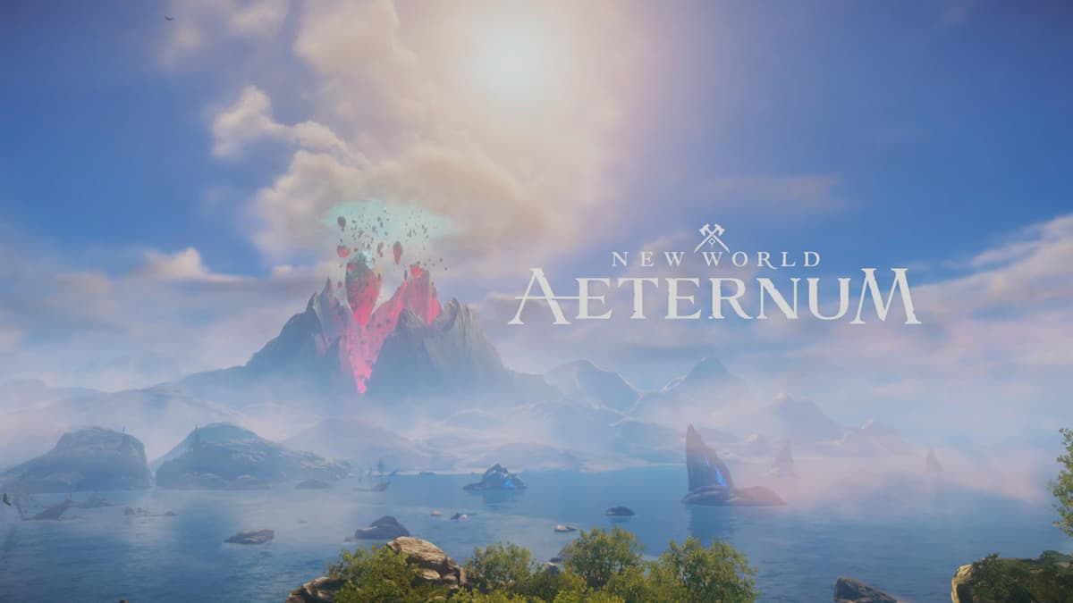 Scenic image of a mountain with pink glowing shards breaking off, with "New World Aeternum" logo text superimposed. The sky is partly cloudy, and the foreground has vegetation and rocks.