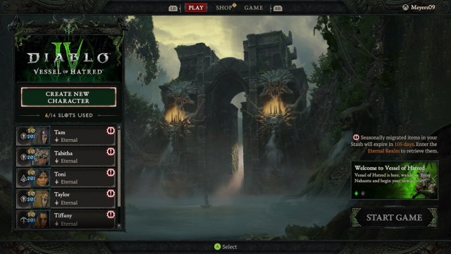 Diablo 4 Vessel of Hatred menu